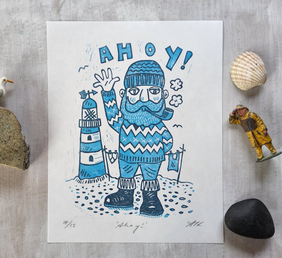 Ahoy Lighthouse Keeper Reduction Lino Print