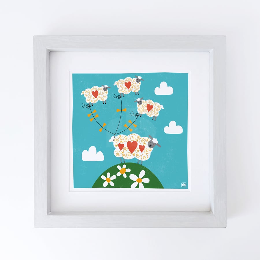 Up In The Clouds sheep illustration, original Giclee print