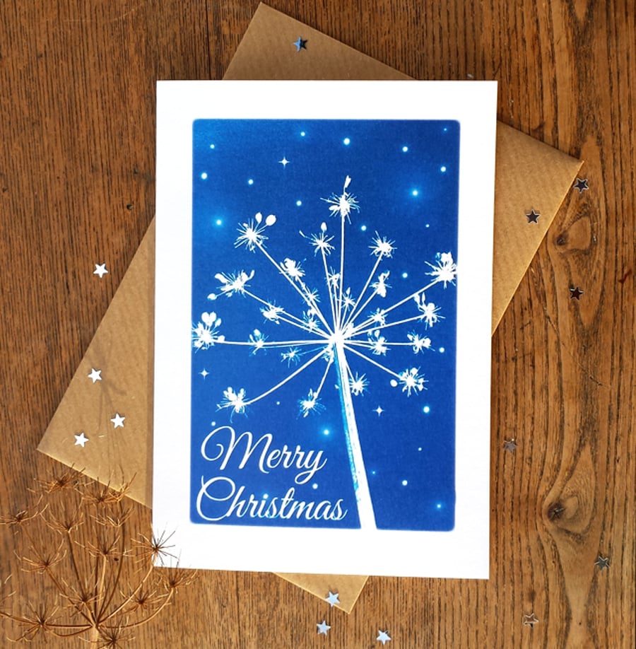 Merry Christmas Cow Parsley Blue Cyanotype Card
