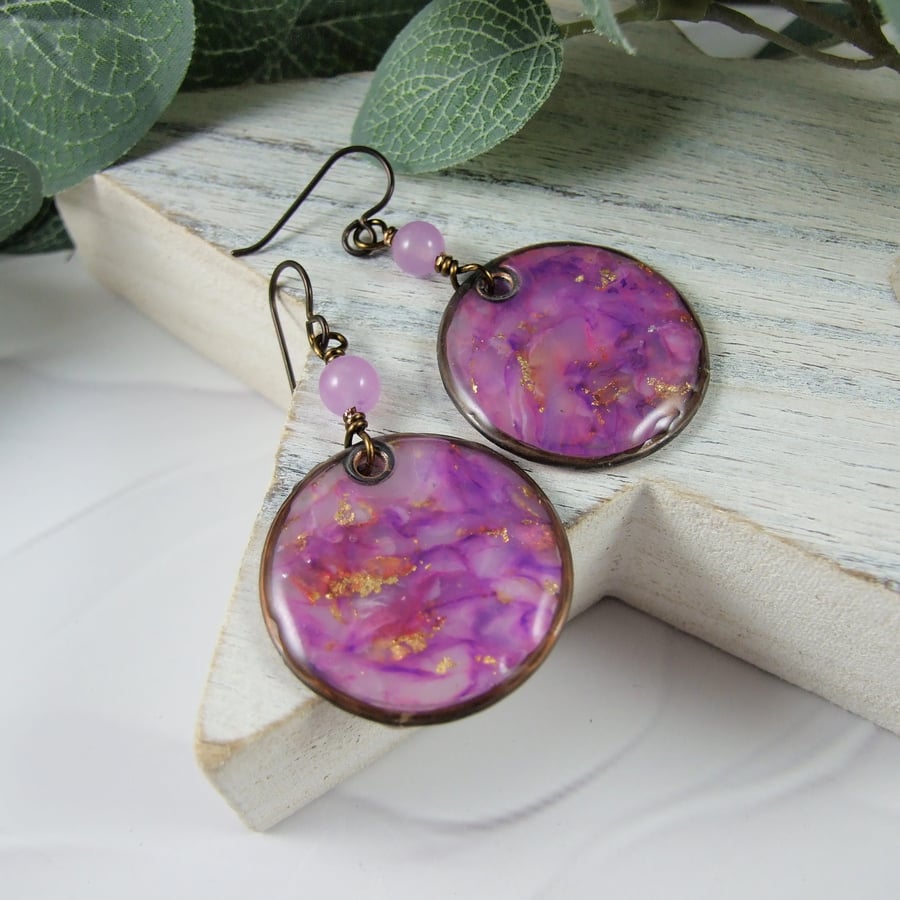 Earrings, Copper and Purple Marbled Clay with Jade Gemstones Perfectly Imperfect