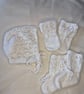 Handknitted traditional bonnet, booties and mitts