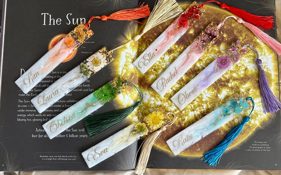 Handmade Resin Bookmark with dried  flowers and gold leaf, Personalised bookmark