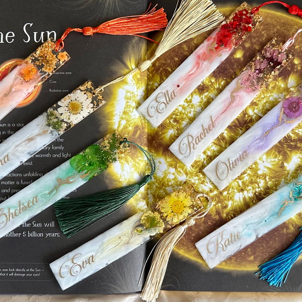 Handmade Resin Bookmark with dried  flowers and gold leaf, Personalised bookmark