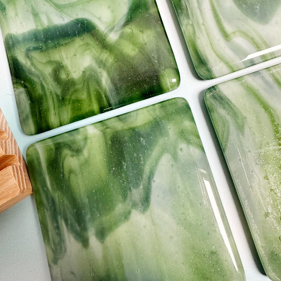 Set of 4 Fused Glass Coasters-Green & White Streaky