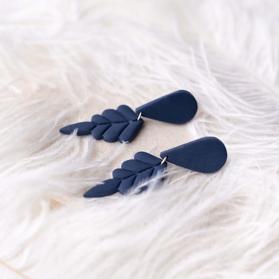 Navy Blue Polymer Clay Stud Earrings: Lightweight Dangle Statement