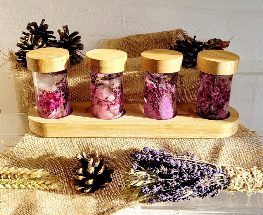 Japanese herbarium dried flowers bottle x4 on bamboo base 