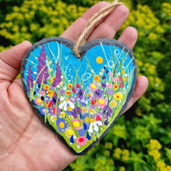 Flower meadow Hand-painted Slate Heart hanger by Jackie Reynolds