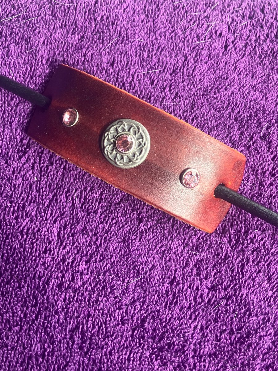 Dyed Brown Leather Hair Stick Barrette - Celtic Knot centre w 3 Pink Gemstones 
