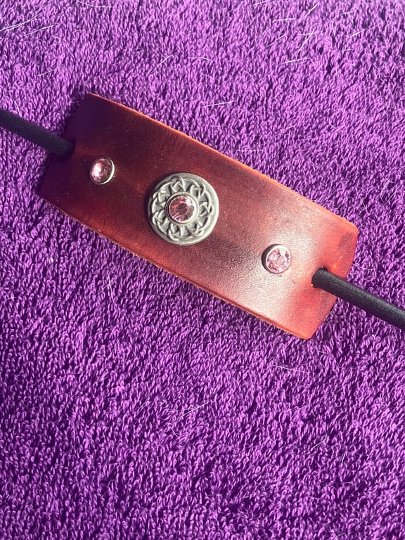 Dyed Brown Leather Hair Stick Barrette - Celtic Knot centre w 3 Pink Gemstones 