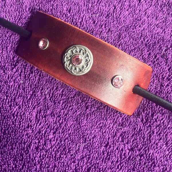 Dyed Brown Leather Hair Stick Barrette - Celtic Knot centre w 3 Pink Gemstones 