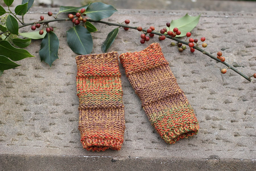 fingerless gloves handknit women's red brown green wrist warmers