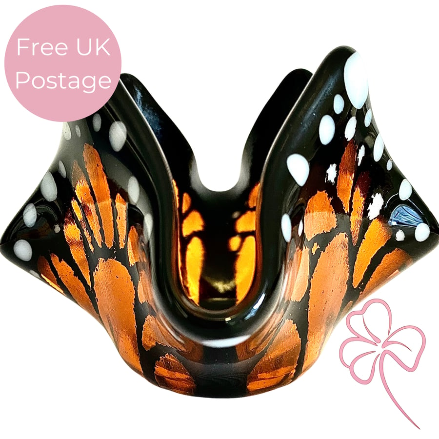 Red Admiral Fused Glass Butterfly Handkerchief Candle Holder