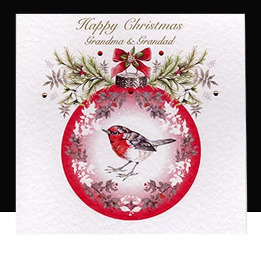 A Luxury Red Robin Christmas Bauble Handmade Card - Grandma & Grandad