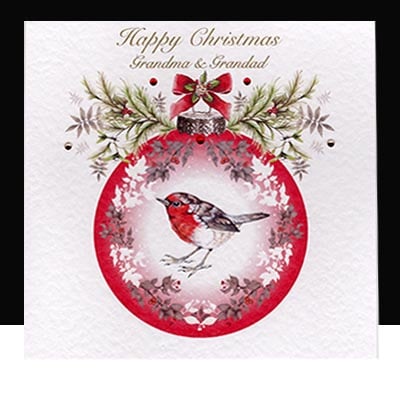 A Luxury Red Robin Christmas Bauble Handmade Card - Grandma & Grandad