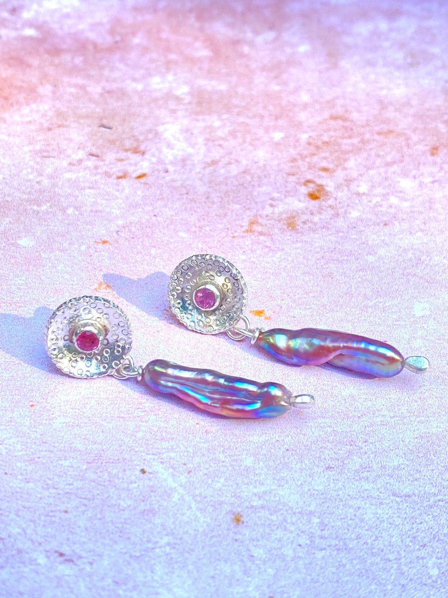Handmade Silver Biwa Pearl & Pink Tourmaline Earrings