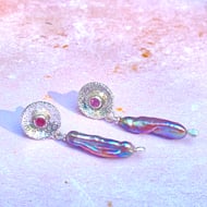 Handmade Silver Biwa Pearl & Pink Tourmaline Earrings