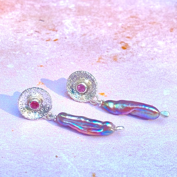 Handmade Silver Biwa Pearl & Pink Tourmaline Earrings