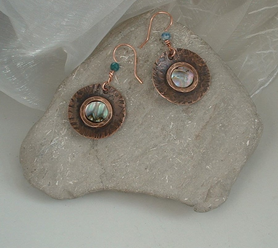 "Copper Moon" Rustic Textured Earrings with Mother of Pearl