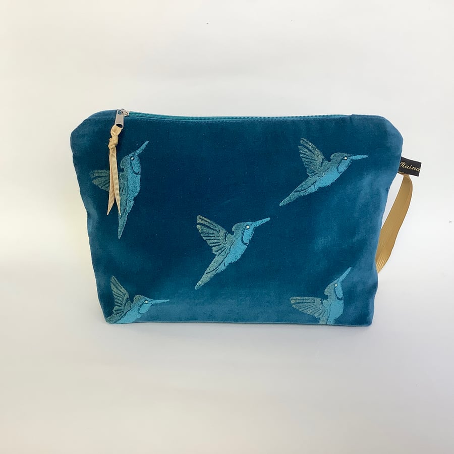 Teal Hummingbirds Velvet Makeup Bag