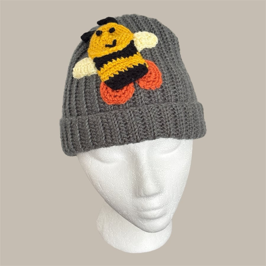 Steel grey crochet fun bee appliqué hat. Unisex. One size. Handmade.