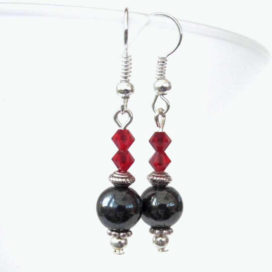 Hematite & red Swarovski crystal earrings 