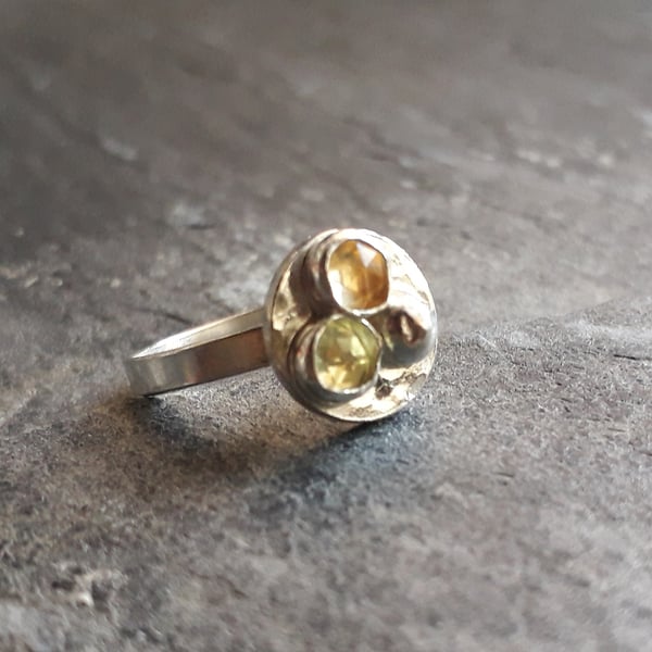 Citrine and Lemon Quartz Silver Ring Size J