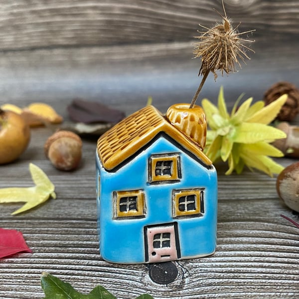 Perfectly Imperfect Handmade Blue Ceramic Mini House with Chimney