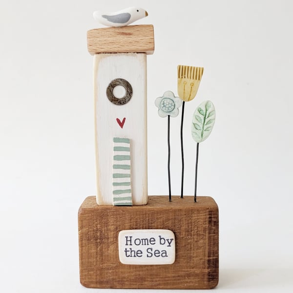 Tall Wooden Sea Hut with Clay Flowers and Seagull 'By the Sea'