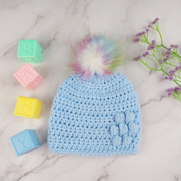 Crochet Baby Hat, Blue Newborn Beanie with Detachable Rainbow Pom, 0-3 Months