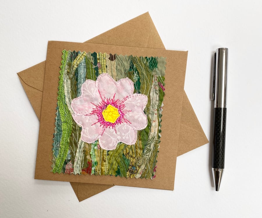 Up-cycled embroidered primrose flower garden card. 