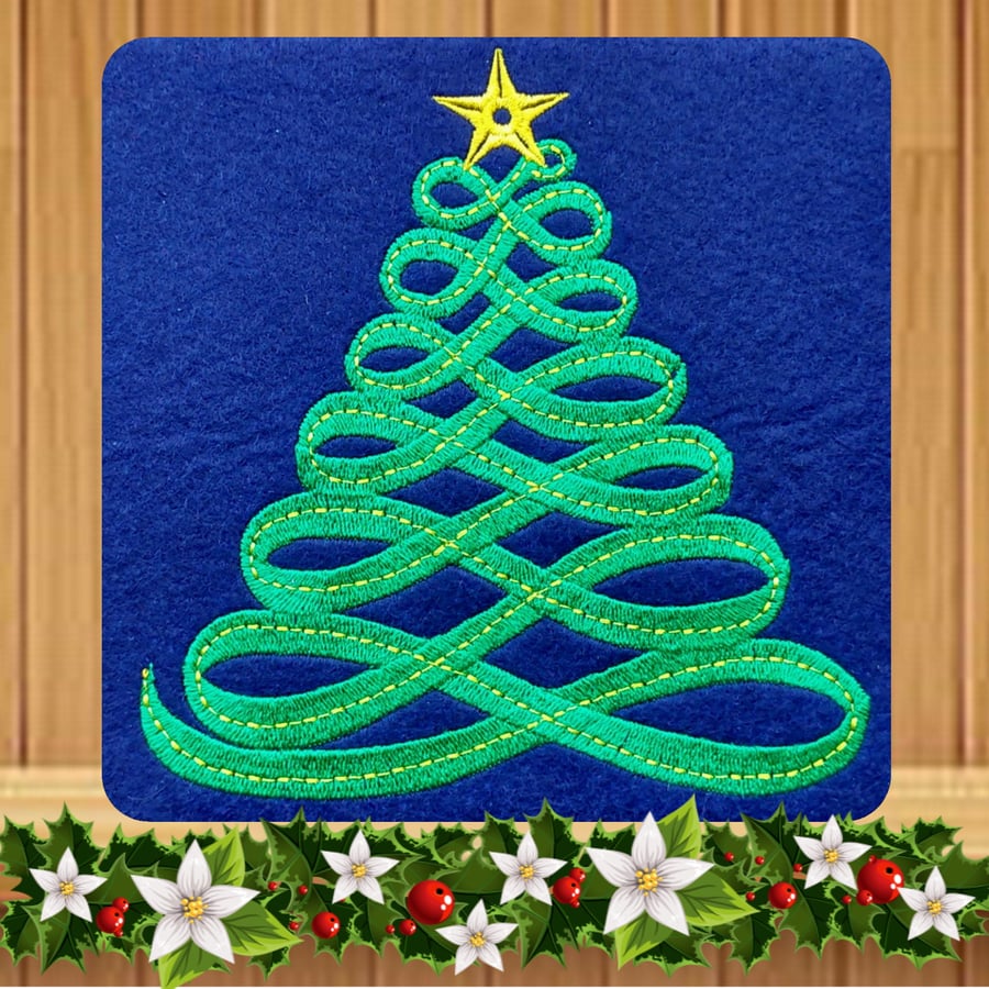 Christmas Tree Swirly Design Embroidered Card