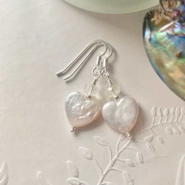 Rainbow Moonstone and Pearl heart earrings