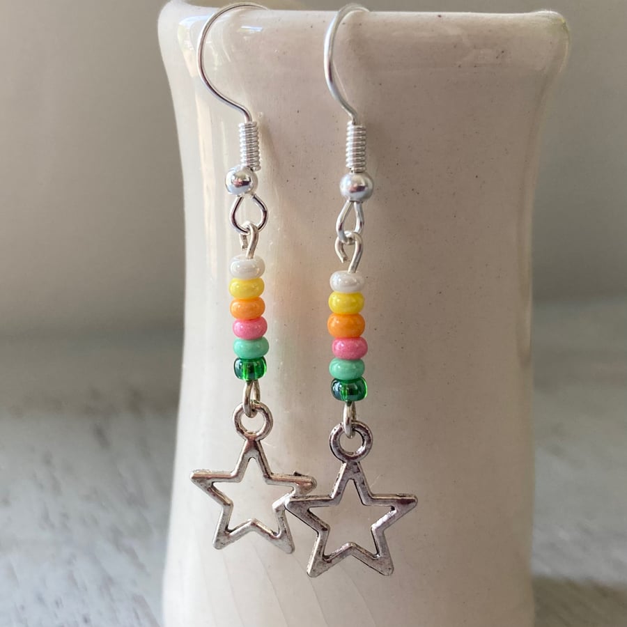 Summer coloured silver star earrings, multi-coloured