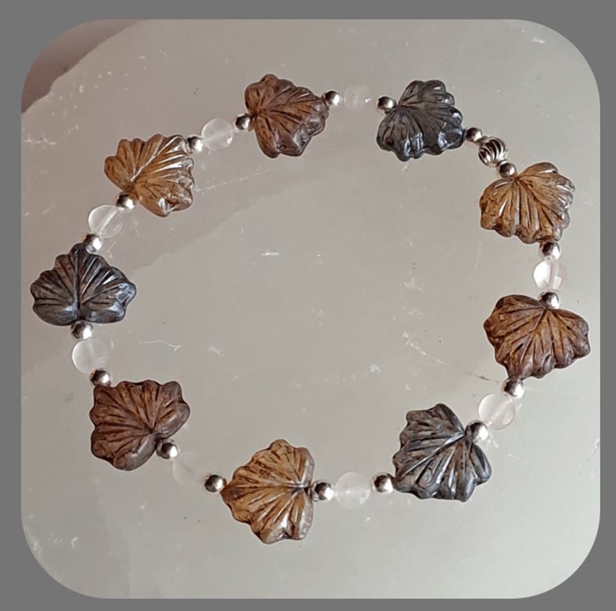  Czech glass, Rose Quartz and Sterling Silver Leaf bracelet