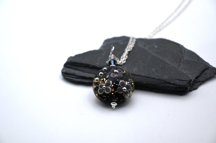 purple flower lampwork glass pendant necklace