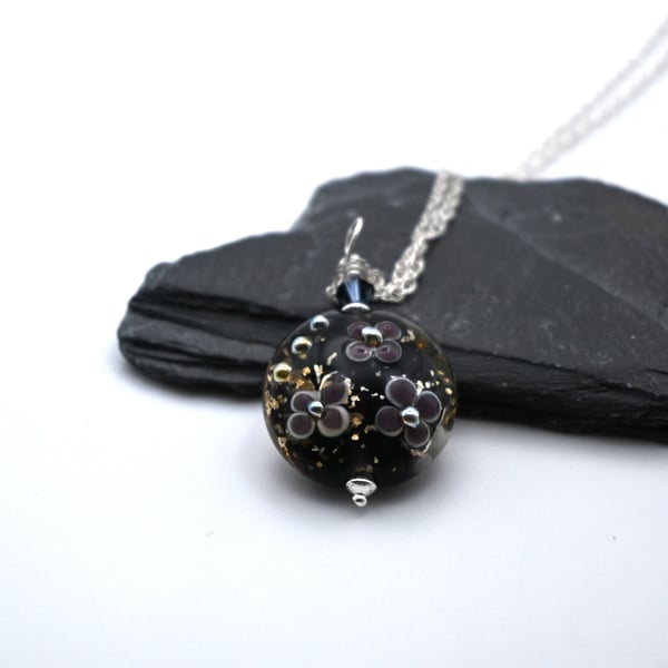 purple flower lampwork glass pendant necklace