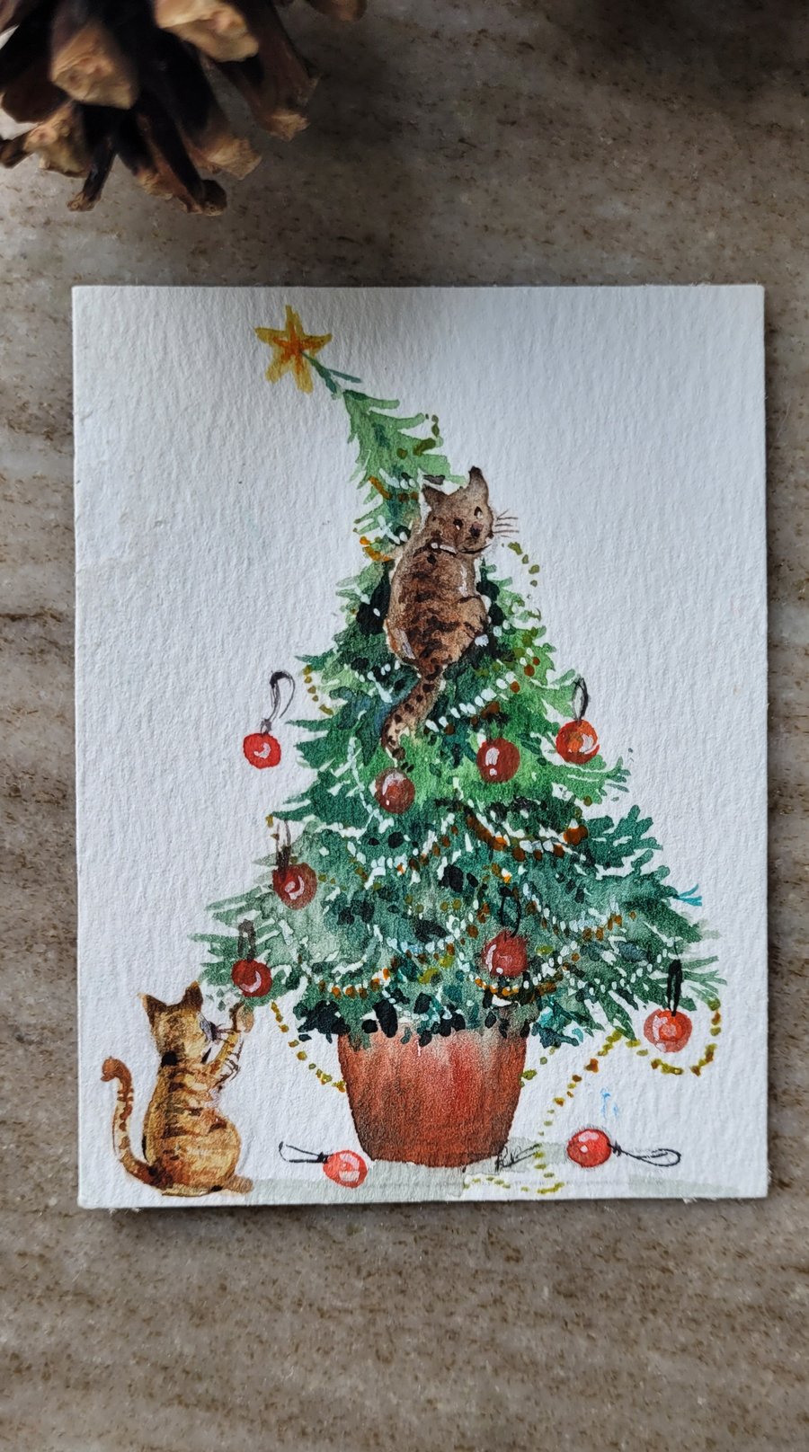 original watercolour ACEO, mini artwork, cats, Christmas tree, Winter, snow, 