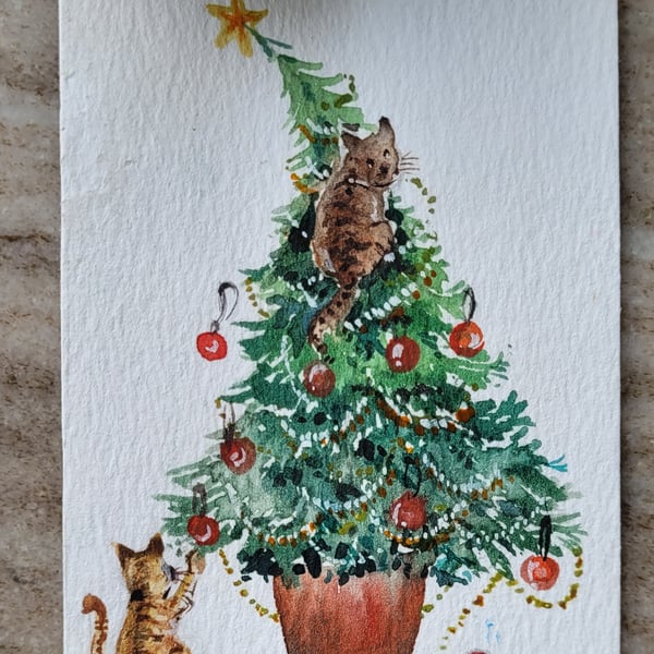 original watercolour ACEO, mini artwork, cats, Christmas tree, Winter, snow, 