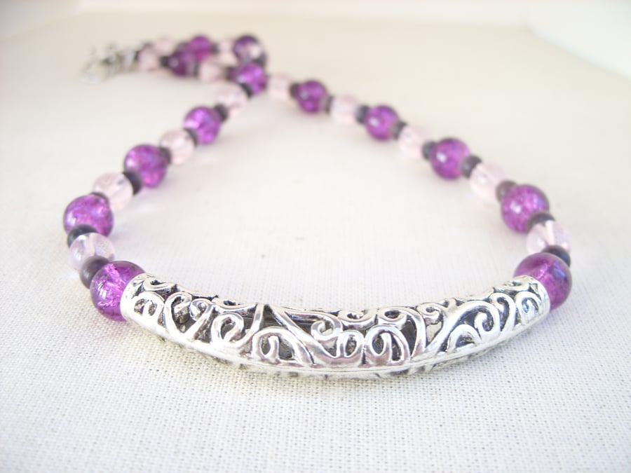 Silver Spiral Bar Necklace In Purples