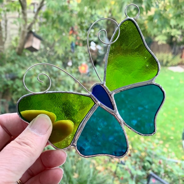Stained Glass Butterfly Suncatcher - Handmade Decoration - Lime an Turquoise