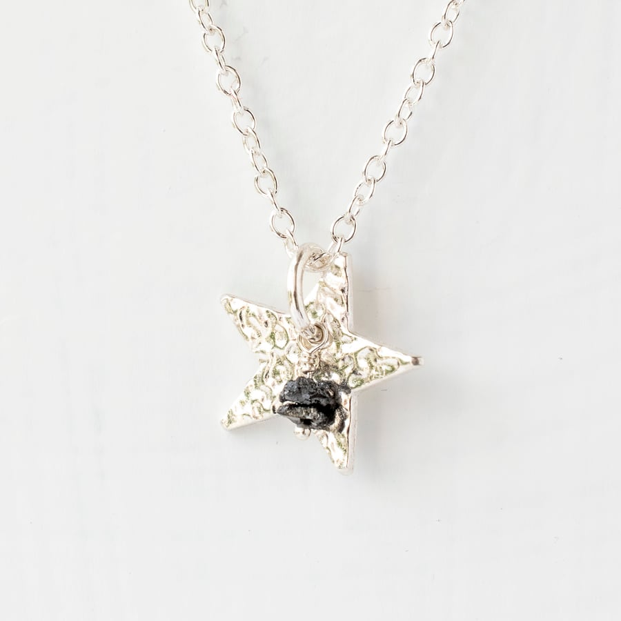 Black Diamond with Textured Fine Silver Star Pendant Necklace