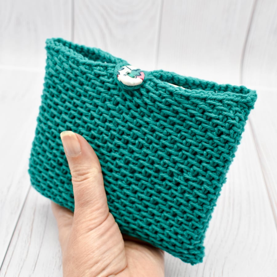 Hand knitted pouch in teal