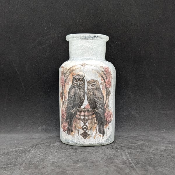 Handcrafted, Decoupage, mini glass vase decorated with images of Owls