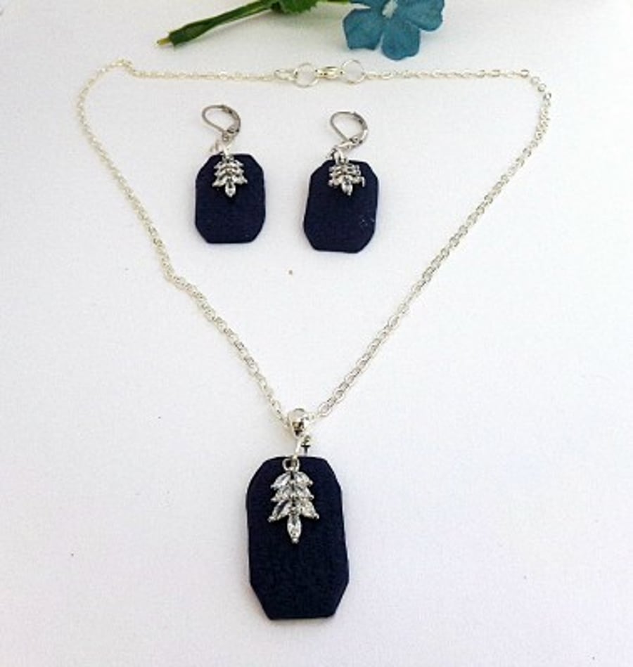 Navy Blue Pendant and Earrings Set.