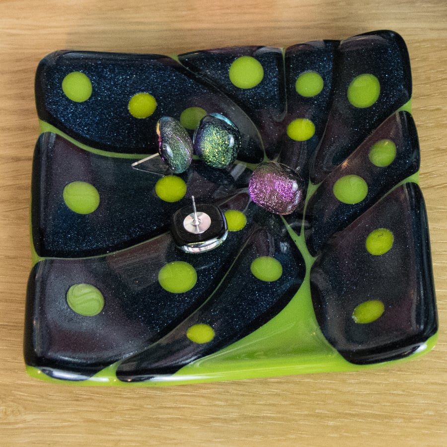 Sparkly Blue and  Green Fused Glass Trinket Dish - 9046