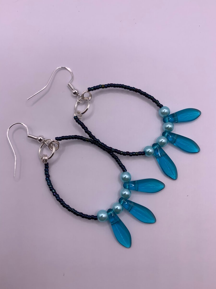 Handmade Beaded Hoop Dangle Earrings in Blue and Turquoise