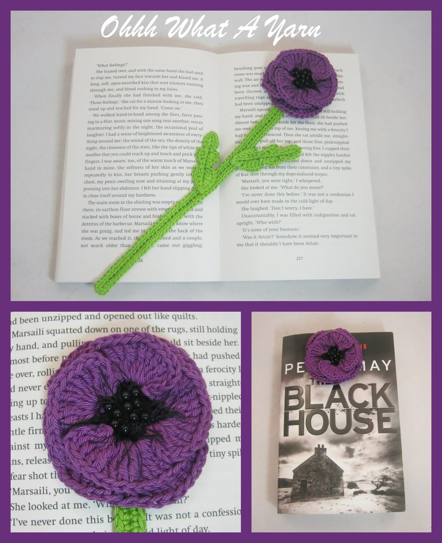 Purple poppy flower crochet bookmark.
