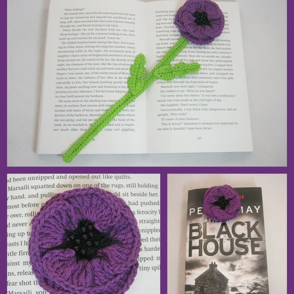 Purple poppy flower crochet bookmark.