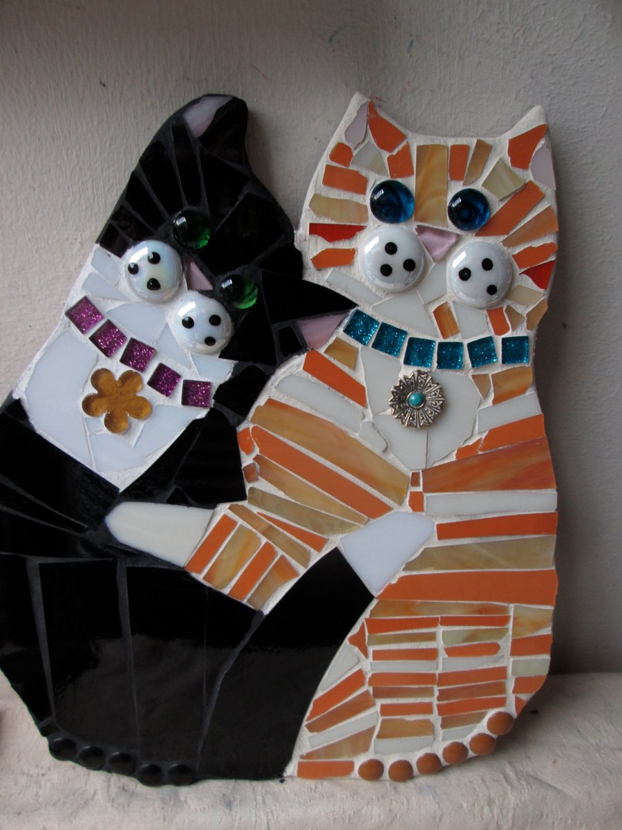 Mosaic double Cat ,ginger and black and white.