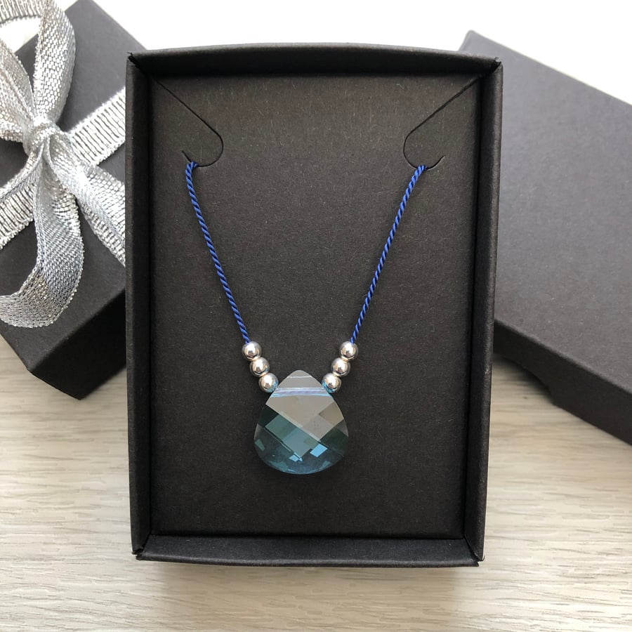 Aquamarine Swarovski crystal and silk necklace